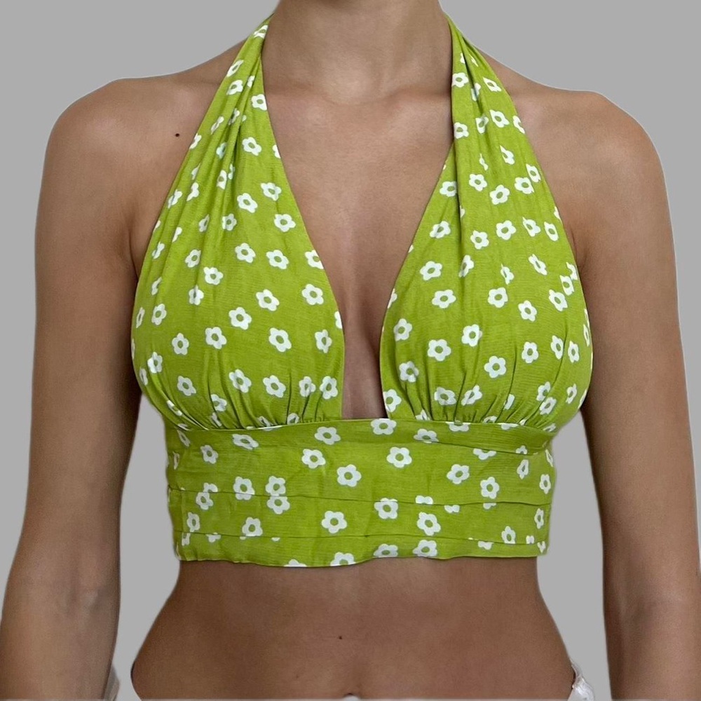 Garage Green Floral Halter Crop Top XS Y2K Summer Festival Tie Back Top